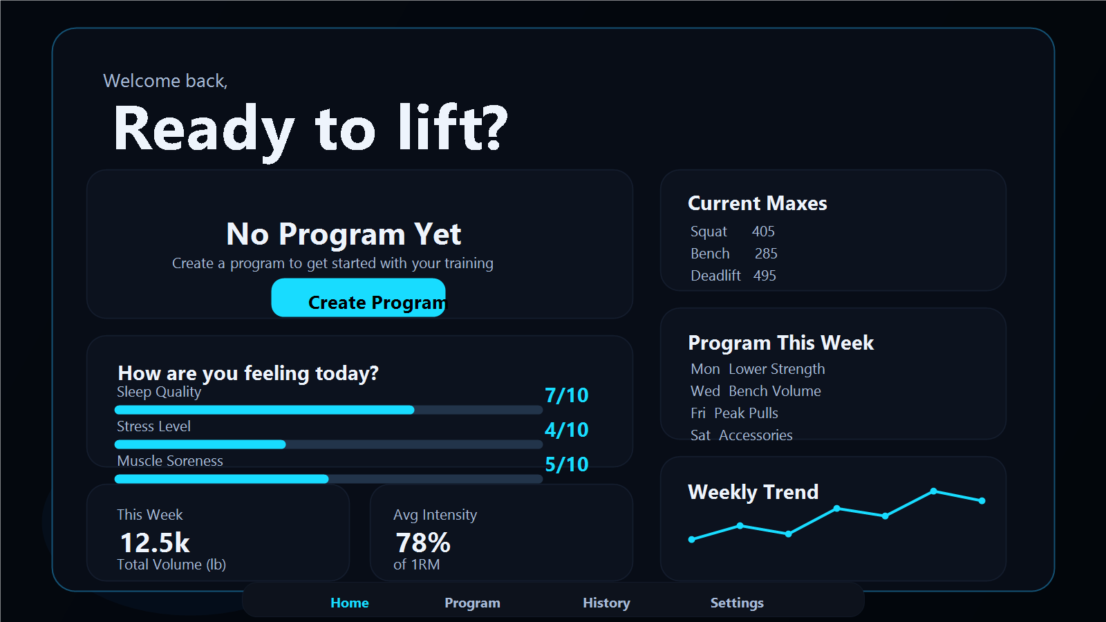 COR powerlifting dashboard UI preview showing readiness metrics and weekly stats